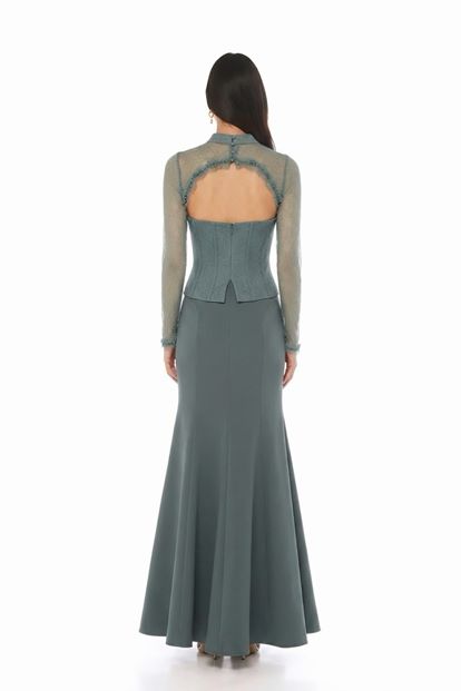 Mint Korse Detaylı Dantel Görünümlü Abiye Elbise